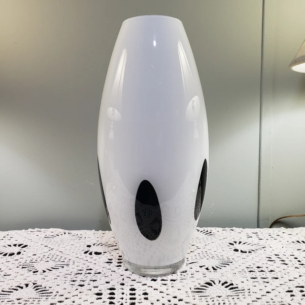 Vintage Ikea White Vase with Black Decorative Oval Hand Made Quality Modern